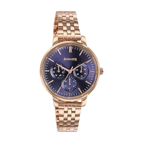 Image of Sonata Verve Quartz Analog with Navy Blue Dial Rose Gold Sheet Metal Strap Watch for Women - 87102WM01