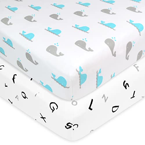 Image of American Baby Company Printed 15 inch x 33 inch Fitted Bassinet Sheet, 100% Natural Cotton Jersey Knit, Whale and Alphabet, Soft Breathable, for Boys and Girls, Pack of 2