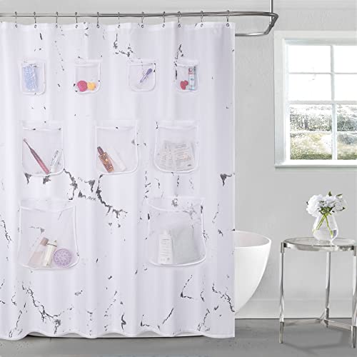 Homerry Water-Repellent Fabric Shower Curtain With 9 Handy Mesh Pockets Premium Thick Cloth Bathroom Pocket Shower Curtains With Hook, 72 X 72 Inches, Marble #TOP30