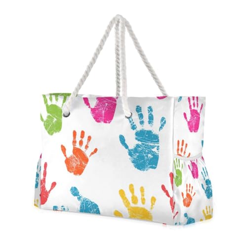 OTVEE Colorful Handprint Patterns Beach Bags for Women Ladies Large Canvas Tote Shoulder Bag Waterproof Travel Bags for Gym Swim Pool Camping