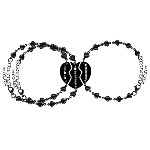 Image of 3pc Puzzle Heart Pieces Bracelets for Women Adjustable Stainless Steel Black Heart Link Bracelet for Sisters Friend Family Friendship Gifts YA4838