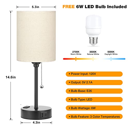 Image of Small Bedside Table Lamp for Bedroom - Desk Lamp with USB Ports for Dorm