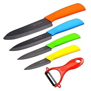 Keramische messenset, Keuken Chef Mes Set, Brood Mes Super Scherp Vijf Stuk 6″Chef Mes,5″Utility Mes, 4″Fruit Mes, 3″Paring Mes, 1”Plantaardige Fruit Peeler, Roestvrij en Vlekbestendig