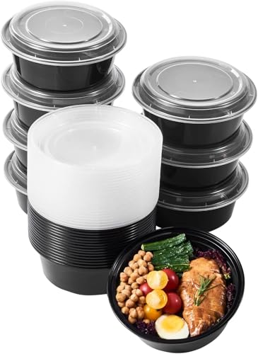 Image of [1000 ml (32oz) 25 Count, Round, Black Reusable Plastic Food Storage Containers with Lid | Airtight, Microwave Safe Containers | Perfect for Meal Prep, Storage, Takeaway & Food Delivery