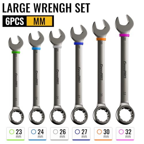 Image of GRENPRO 23-32MM Large Metric Wrench Set, Combination Open End Wrench Sets | Color Rings, Roll Up Pouch, CRV Steel, Nickel Rust-Proof Coating, Free Gauge for Quick Size Matching