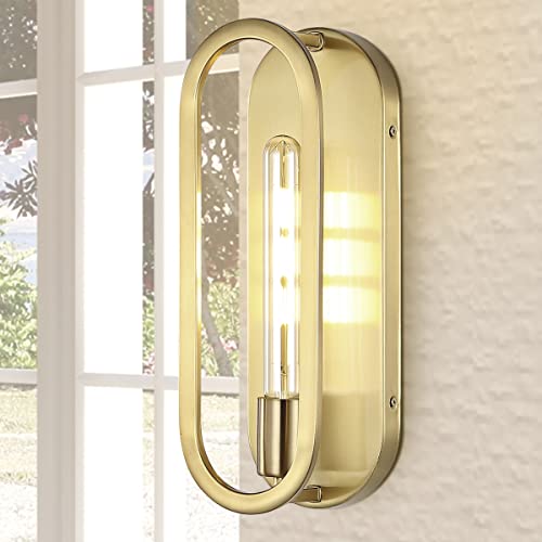 Image of JONATHAN Y 14.25 inch Brass Gold LED Wall Sconce, 1-Light Mid-Century Lamp for Bathroom Vanity, Bedroom, Hallway, Dimmable Bohemian Metal Fixture, LED Bulb Included JYL9917A