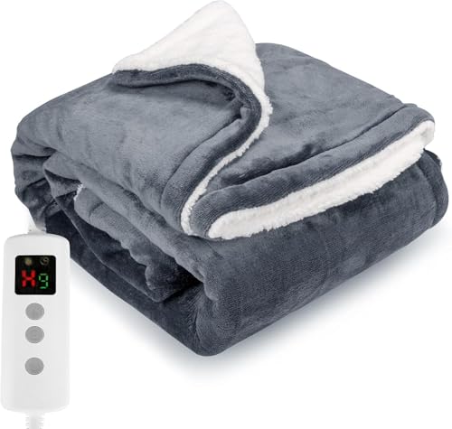 PROALLER Manta Electrica Grande, Doble Franela Polar Sherpa, Lavable a Máquina, Temporizador De 9 Horas y 10 Configuraciones De Calor, Manta Termica Manta Electrica Sofa Blanket (Gris, 200x150CM)