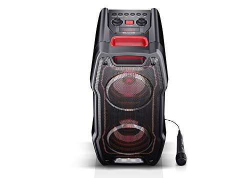 SHARP PS-929 Party Speaker Boombox con función karaoke, microfono incluido, TWS, Bluetooth 2 puertos USB, 2 puertos 6.3 mm, luces multicolor más luz estroboscópica, 180W de potencia y bateria integra