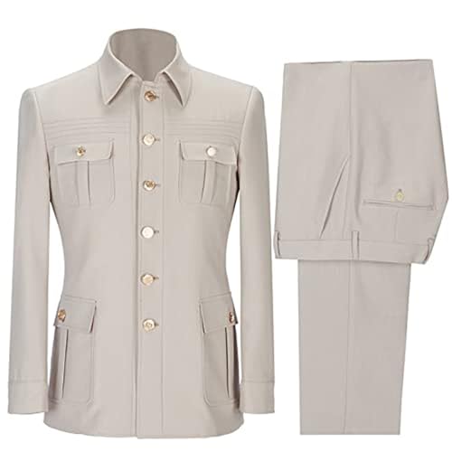 Mens Suit Slim Fit - 2 Piece Suits for Men Multi-Pocket Tuxedos Jacket Button-Down Casual Suit with Gold Buttons2