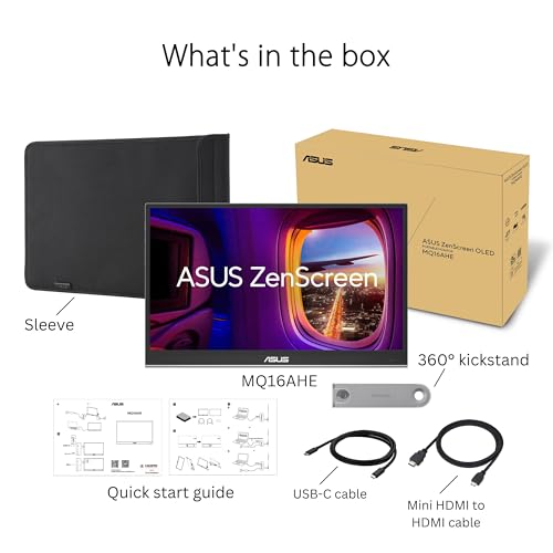 Image of ASUS ZenScreen 16 inch OLED USB-C (MQ16AHE) Portable Monitor - Full HD, 100% DCI-P3, 1ms, HDR-10, Mini HDMI, Eye Care, Proximity Sensor, 360 Kickstand, Compatible with Laptops,