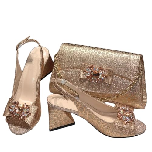 Juego de zapatos y bolsos de moda africana para fiesta de noche, con piedras coloridas, bolsos de tacón alto para mujer, champán, 40 EU