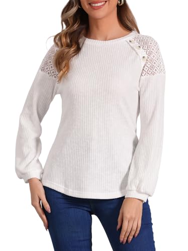 Image of Allegra K Women's Chic Lace-Trimmed Crew Neck Tee Shirt Button Decor Long Sleeve Knit Sweater Top