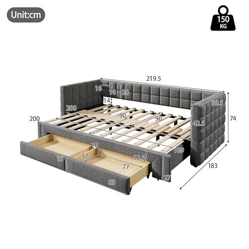 MQGPM Cama tapizada de 90 x 200 cm, con cama nido y cajones, sofá cama con respaldo y somier, terciopelo, gris - imagen 2