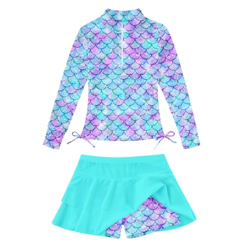 Image of Size 7-8 Girls Mermaid Swimsuits with Rash Guard Skirts Big Girl's Cute Shorts Ruffle Sports Bathing Suits 7 8 Year Kids 2 Piece Zip Sunsuits UPF 50 Long Sleeve Shirts for Hawaiian Beach Cover-ups