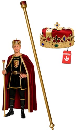 Nicky Bigs Novelties Morph Adult Medieval Royal King Crown and Scepter Set Queen Regal Staff Jeweled Gold Hat Halloween Wiseman Costume Accessory