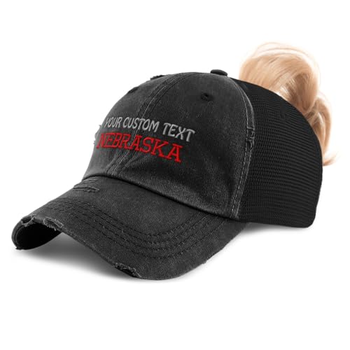 Custom Womens Ponytail Cap Nebraska State USA America B Embroidery Cotton Distressed Trucker Hats Strap Closure Black Personalized Text Here