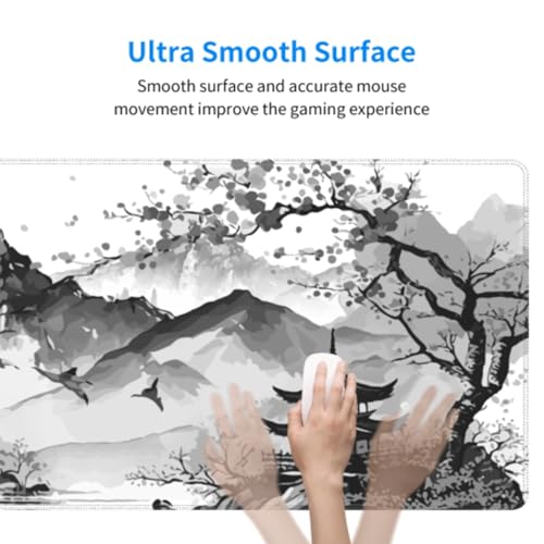 Image of Black White Japanese Watercolor Cherry Blossom Gaming Mouse Pad 31.5x11.8 XL Extended Mousepad Large Keyboard Mouse Mat Desk Pad with Non-Slip Rubber Base Stitched Edges for Home Office Game