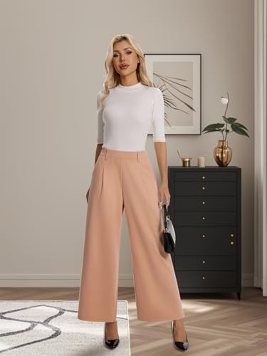 Amzdora Womens Dress Wide Leg Pants Pull On Stretchy Work Pants High Waisted Business Causal Palazzos Trousers with Pockets Pink — view 3