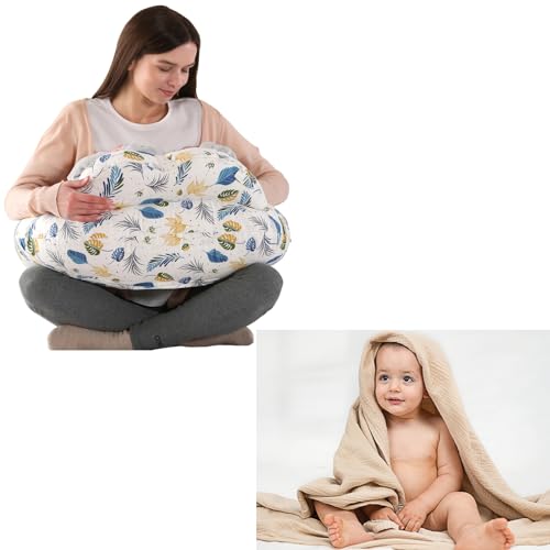 Image of BATTOP Nursing Pillow for Breastfeeding and Breathable Comfortable Soft Baby Blanket with 6 Layer Muslin Cotton
