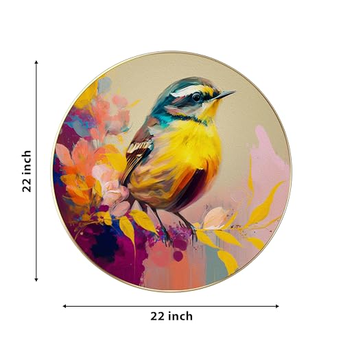Image of PAINTINGMANTRA Birds Sitting on Tree Round Large Wall Art Painting for Living Room Decoration, Circular Gold Metal Finish Stylish Large Wall Art Print for Wall Decor (22x22 Inches)