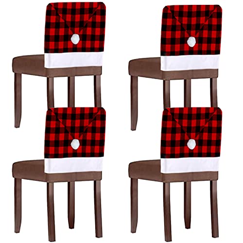 Foimas Christmas Santa Hat Chair Covers,4Pcs Buffalo Plaid Christmas Dining Chair Back Slipcover For Christmas Kitchen Home Decoration Supply #TOP1