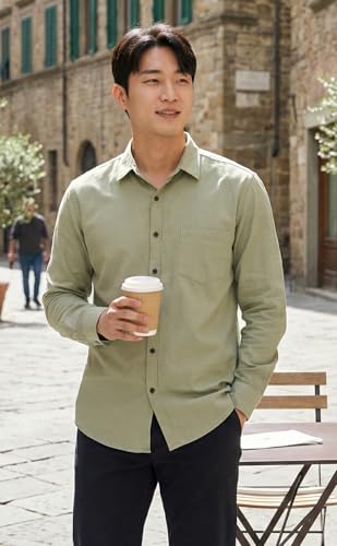 Image of Men's Long Sleeve Dress Shirt,Olive Green, Button Down, Chest Pocket, Casual Formal Wear
