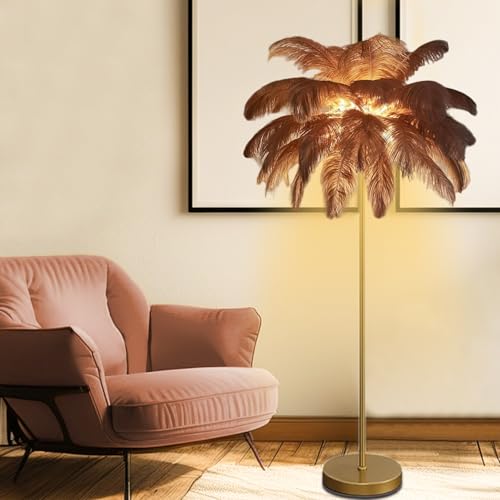 YUOXU Feather Floor Lamp,50 Piece,Natural Ostrich Feather Floor Lamp for Living Room Bedroom,63″(160cm) Height, 3 Color Temperatures Christmas Decoration House Warming Gifts New Home Decor (Brown)