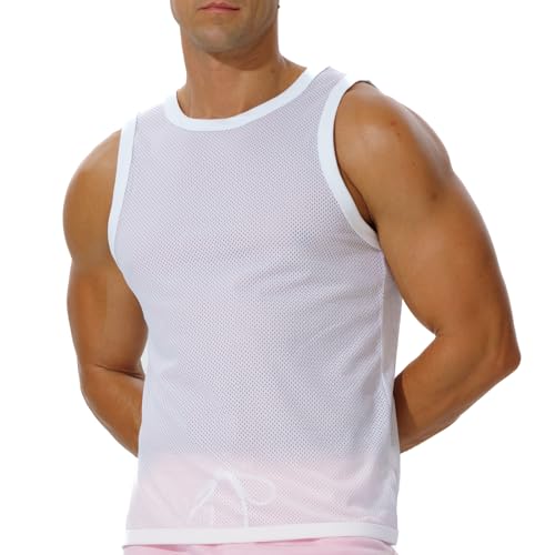 FIROTTII Mens Mesh Tank Top Quick Dry Workout Swim Beach Sleeveless Muscle Shirts Running Fitness Bodybuilding Gym Training Vest White