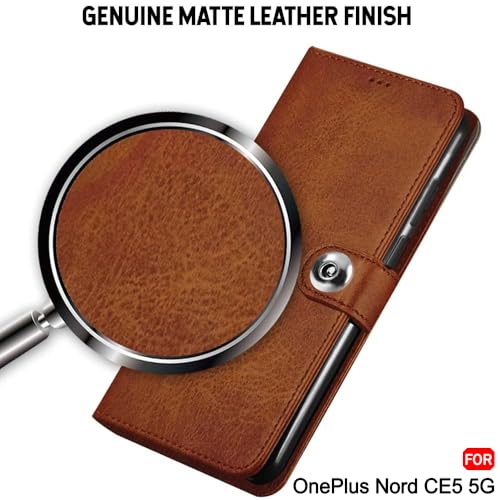 Image of TheGiftKart Genuine Leather Finish Flip Back Cover Case for OnePlus Nord CE 5 5G | Inbuilt Pockets & Stand | Wallet Style | Designer Button | Flip Back Cover for OnePlus Nord CE5 (Faux Leather, Brown)
