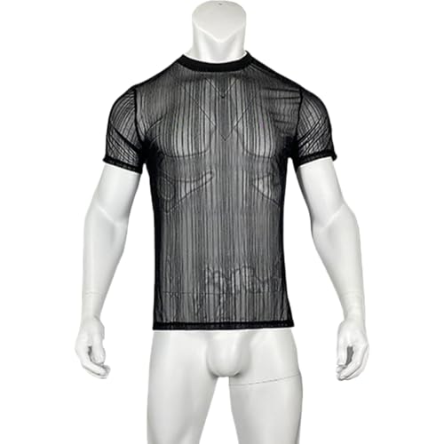 Mens Lace Shirt Sexy Sheer Top See Through Short Sleeve Glitter Undershirts Male Mesh T-Shirt4