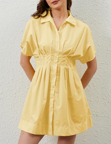 Image of MISSACTIVER Women Pleated Button Down Shirt Dress Short Sleeve Striped Corset Mini Dresses Casual Summer Short Dress