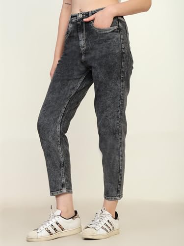 Image of Zayla Women's Mom Fit Cloud Wash Jeans I Full-Length Denim Stretchable High Waist Pant with Curved Pocket I Clean Solid Loose Fit Pants I for Everyday Office Party Girls