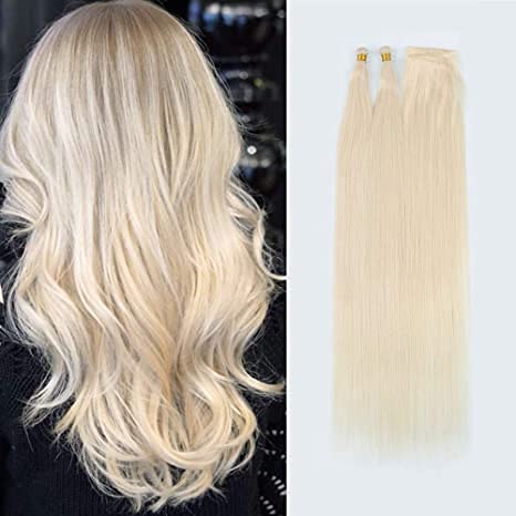 ABH AMAZINGBEAUTY HAIR Hand Tied Weft Hair Extensions for Fashion Women, Remy Human Hair, Platinum Blonde Color 60, 50 Gram, 18 Inch