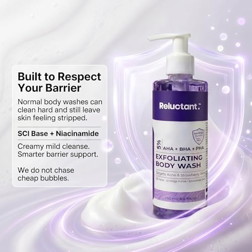 Image of 5% Dual PHA, Salicylic & Lactic Acid Barrier-Repair Detan Body Wash 250ml | Niacinamide & Gentle SCI | Bodywash for Women & Men | Hydrates & Protects Barrier, Clears Acne & Strawberry Legs, Reduces Dark Spots & Evens Tone | Shower Gel for Sensitive to Normal Skin