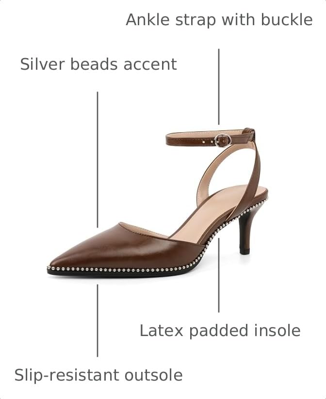 Image of SAMMITOP Kitten Heels for Women Low Heel Closed Toe Ankle Strap Pumps Wedding Party Beaded Dress Shoes 2.4 Inch