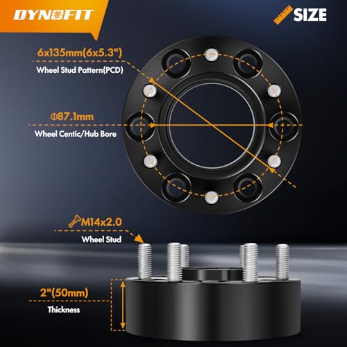 Image of dynofit 2inch 6x135 Wheel Spacers for 2004-2014 Ford F150, 87.1mm HubCentric, M14x2.0 Thread Tire Spacers for 2003-2014 Expedition /Lincoln Navigator, 2005-2014 Lincoln Mark LT, 4Piece