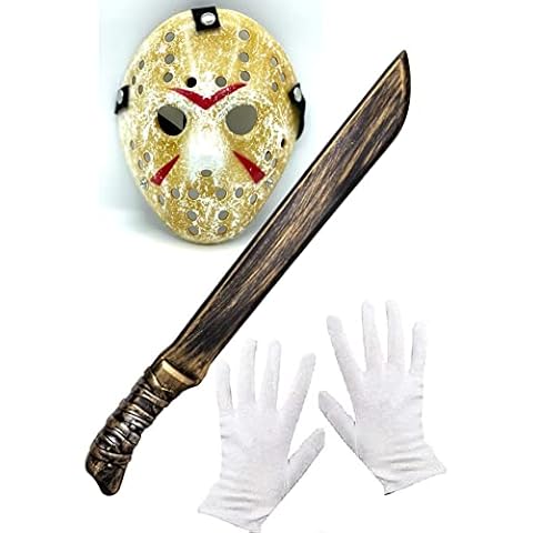 Dreamzfit - Friday The 13th Jason Voorhees Scary Costume Hockey Mask, White Gloves And Machete Halloween Killer Horror Festival Masquerade Party Fancy Dress Cover