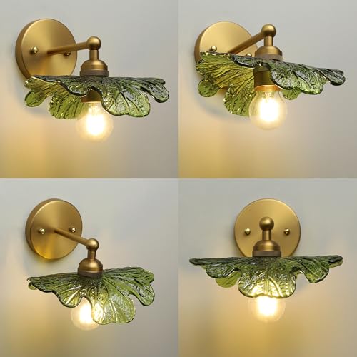 Image of Phansthy Hardwired Wall Light Boho Brass Finish Vintage Wall Sconce with Green Leaf Shaped Glass Shade, Vanity Lighting Suitable for Bathroom Living Room Hallway (Antique Gold)