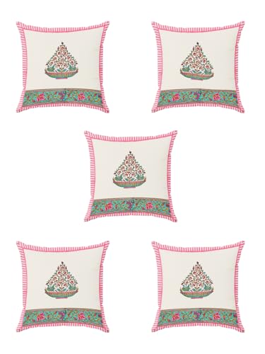 Image of BLOCKS OF INDIA Hand Block Printed Cotton,300 TC Cushion Cover (16 X 16 Inches) (Cushion 7), Pink