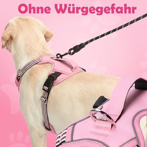 Funfox Hundegeschirr Mittelgroße Hunde [L] - Verstellbares Anti-Zug Brustgeschirr mit Griff & Reflektorstreifen, Atmungsaktives No Pull Hundegeschirr für Grosse/Kleine Hunde Outdoor Rosa