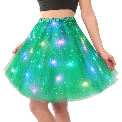 URAQT Tüllrock Damen LED Tütü Erwachsene, Tutu Rock LED, Minirock Mit LED Lichter für Fasching Karneval Motto Party Ballett Tanzen Fancy Dress Halloween Kostüm, 40CM(Grün)