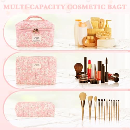 Image of Lyrovo Makeup Organizer Cosmetic Bag Quilted Large Floral Make Up Organize Set for Women Flower Travel Toiletry Bag (Flower-Pink)