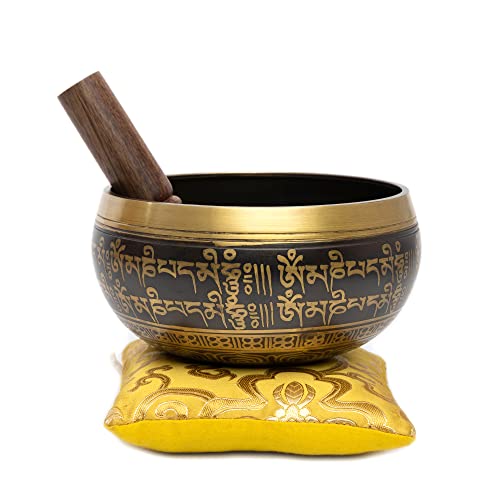 Image of Tibetan Singing Bowl Set - 4 inch Easy To Play Authentic Handmade For Meditation Sound 7 Chakra Healing By HIMALAYAN BAZAAR (Black /Yellow, 4 Inches)