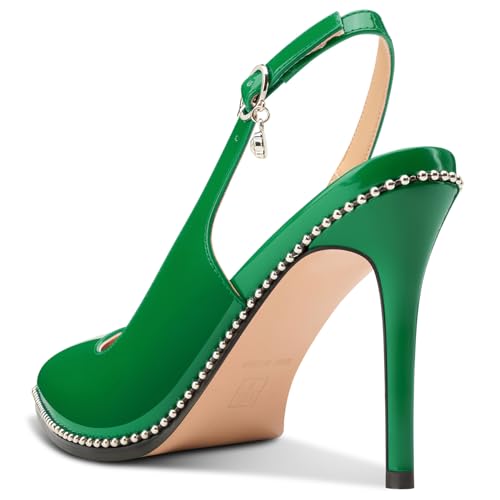 Image of NobleOnly Slingback Beaded Pumps for Women High Stiletto Heel Pointed Toe Slip-on Dress Sandals Adjustable Buckle Rhinestone Patent Leather 3.9 Inches Heels