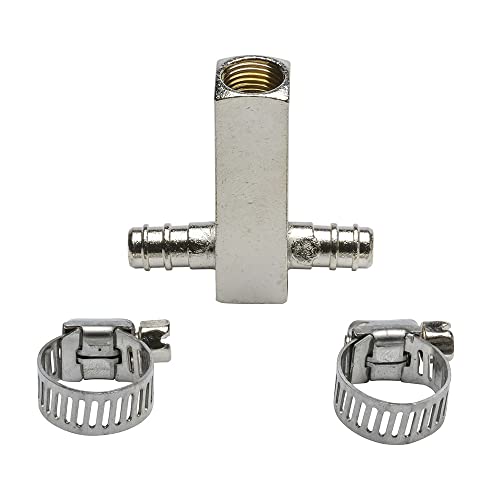 GlowShift Water Coolant Temperature Sensor T-Fitting Adapter Compatible with Dodge Ram 12-Valve Cummins 1994-1998 - 1/8-27 NPT Sensor Port - Includes Hose Clamps