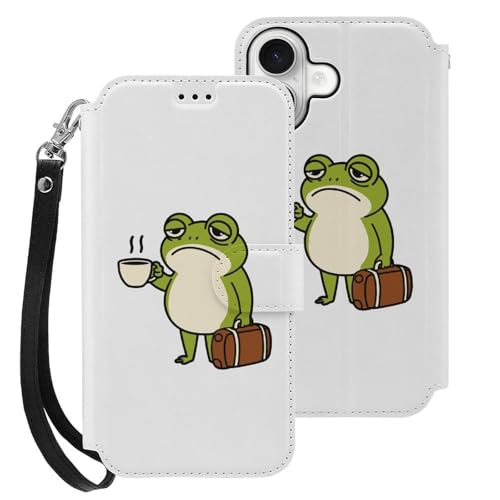 iPhone 16用 ケース 手帳型 面白い カエル コーヒー Iphone16用カバー アイフォン16 用 ケース スマホケース おしゃれ 人気 財布型 PUレザー 携帯カバー カード収納 スタンド機能