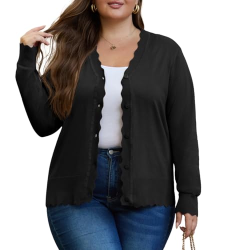 OLRIK Plus Size Cardigan for Women Cropped Long Sleeve V-Neck Buttons Down Ribbed Wave Edges Casual Knit Shrugs
