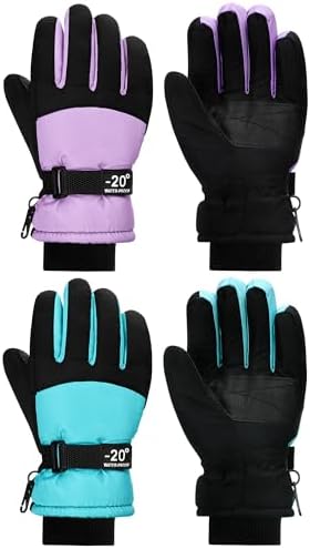 SATINIOR 2 Pairs Kids Waterproof Winter Snow Gloves Ski Gloves for Boy Girl Outdoor Warm Thickening Snowboard(Light Purple, Cyan,8-12 Years)