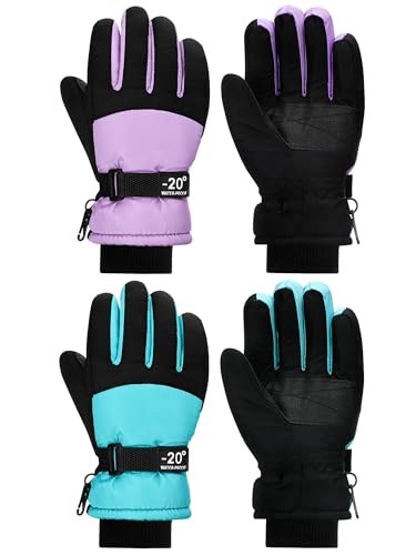 SATINIOR 2 Pairs Kids Waterproof Winter Snow Gloves Ski Gloves for Boy Girl Outdoor Warm Thickening Snowboard(Light Purple, Cyan,6-10 Years)