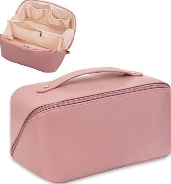Large Capacity Travel Makeup Bag, PU Leather Cosmetic Bag for Women, Portable Makeup Organizer Pouch with Handle and Dividers, Open Flat Waterproof for Cosmetics, Brushes, (Pink)-image-15